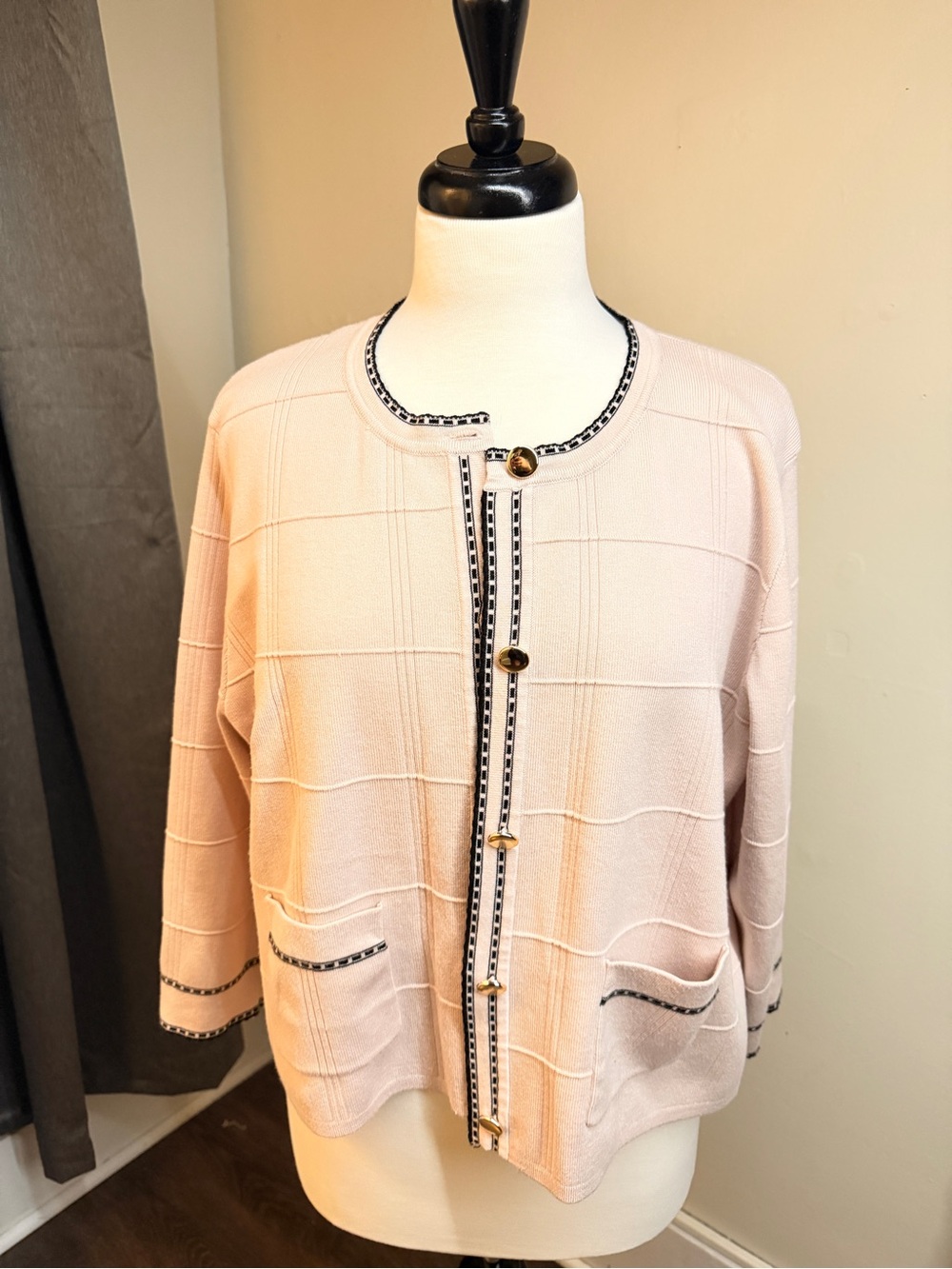 Adrianna Papell Blush Knit Cardigan with Black Braid Trim